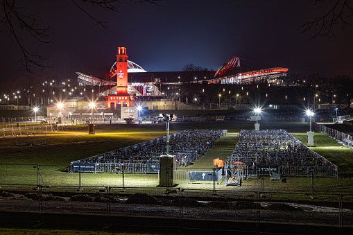 Bicycle parking in front of the Red Bull Arena for the Bundesliga match between RB Leipzig and 1. FC Union Berlin on February 11, 2023 in Leipzig Germany\nLeipzig on Fire