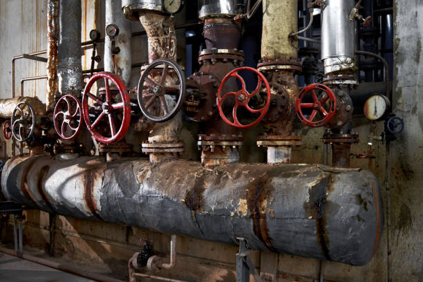 kesselraum für die erzeugung von dampf der industriellen fabrikproduktion. altes rohrsystem aus dem heizraum - old gas pump stock-fotos und bilder