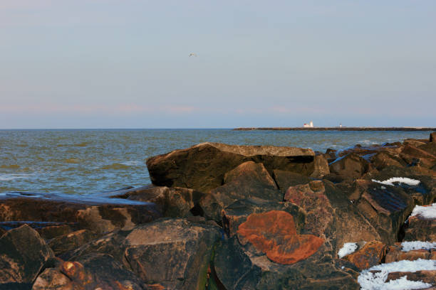 Views along the wintery shoreline of Lake Erie at Edgewater Park in Cleveland, Ohio.