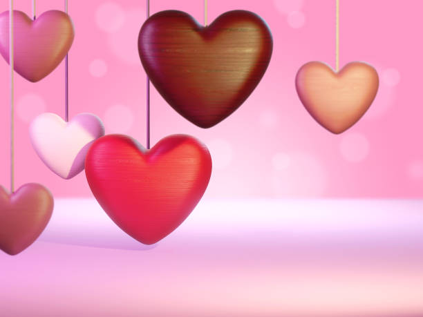 istock Wooden hearts over a soft pink background. Digital illustration, 3D rendering. 1465352918