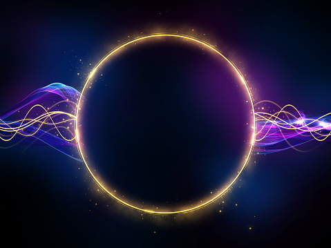 Dark background with a glowing circle, sparkles and some wavy light effects. Digital illustration.