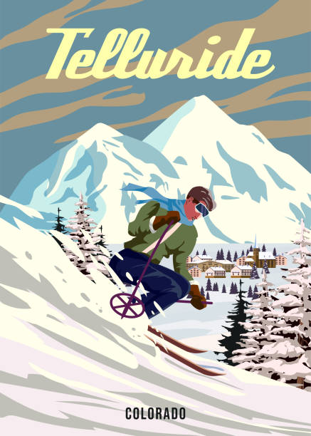 stockillustraties, clipart, cartoons en iconen met vintage travel poster ski telluride resort. america winter landscape travel card - ajax canada