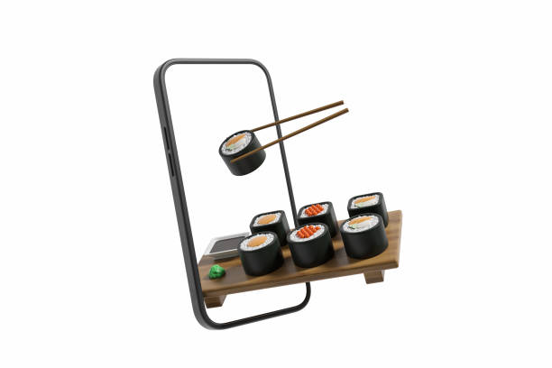 istock Sushi set on a wooden board with chopsticks, mockup smartphone 1465355176