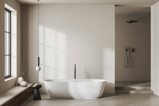 istock Front view on bright bathroom interior with large bathtub, shower 1465355537