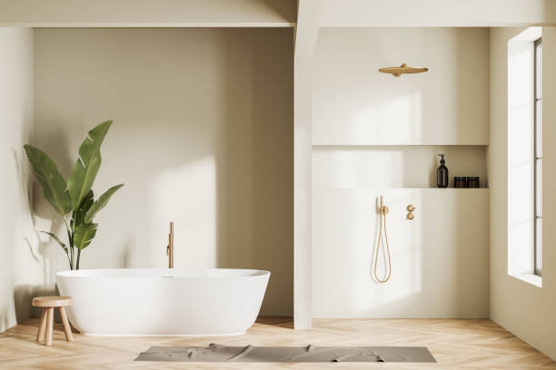 istock Front view on bright bathroom interior with bathtub, shower 1465355699