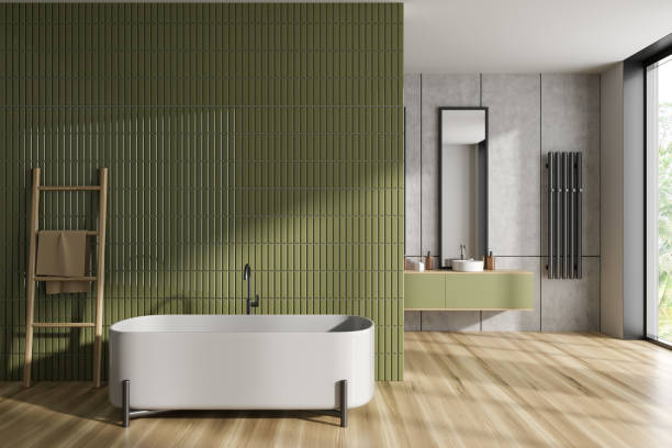 istock Front view on bright bathroom interior with large bathtub 1465356326