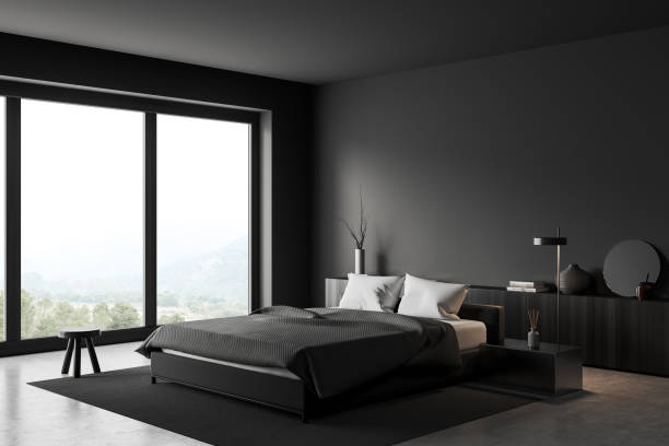 istock Grey bedroom interior with bed and decoration, panoramic window. Mockup wall 1465356555