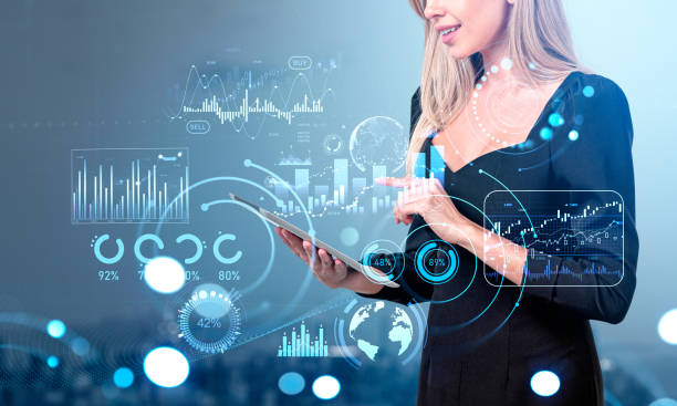 istock Businesswoman finger touch tablet, forex graph chart with business analysis 1465356823