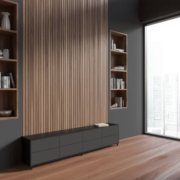 istock Grey living room interior with sideboard and decoration, window. Empty wall 1465357428