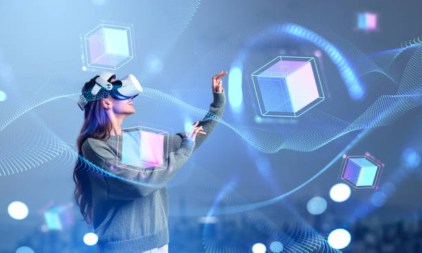 istock Young woman in vr glasses touching data blocks in cyberspace, me 1465357609