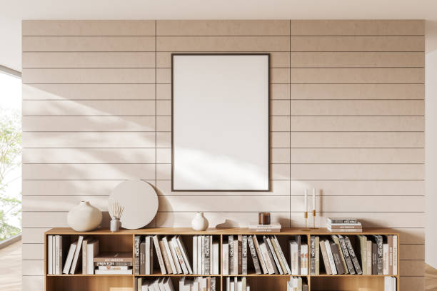 istock Front view on bright living room interior with empty poster 1465359442