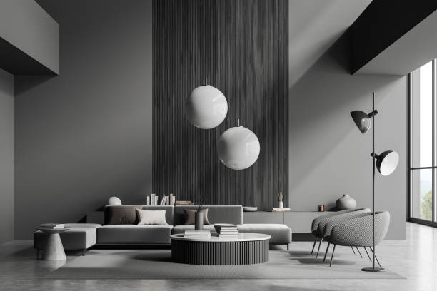 istock Grey relax room interior with couch and armchairs, drawer and panoramic window 1465359490