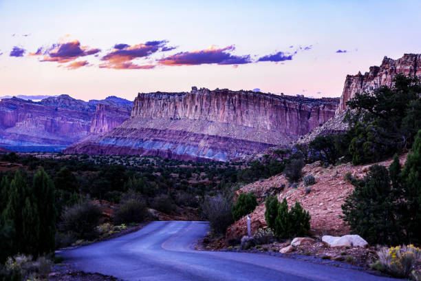 West face of the Waterpocket Fold along the Capitol Reef Scenic Drive in Capitol Reef National Park photographed at dusk.
