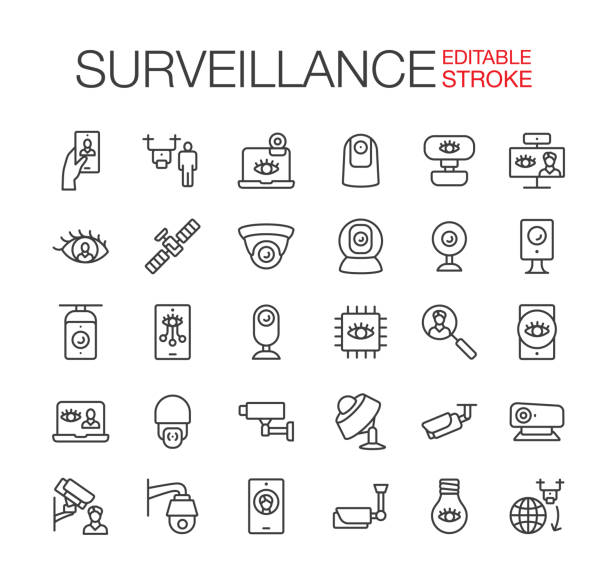 ilustraciones, imágenes clip art, dibujos animados e iconos de stock de los iconos de la línea de vigilancia humana global establecen un trazo editable - spy cam
