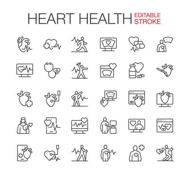 кардиология, здоровье сердца линия иконки набор редактируемый инсульт - pain heart attack heart shape healthcare and medicine stock illustrations