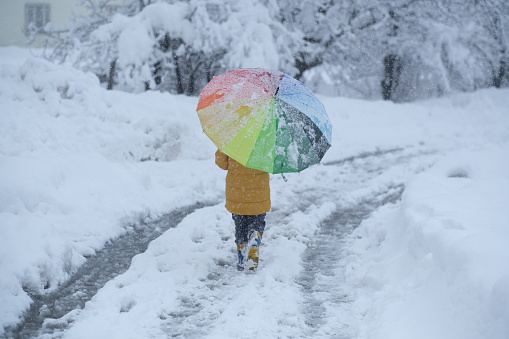 Little girl having fun outside while it's snowing