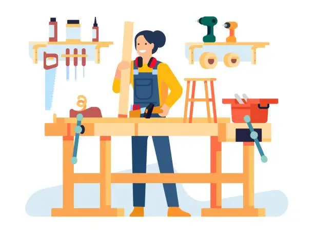 Vector illustration of Woman carpenter works in workshop. Female making furniture. Joiner with construction equipment. Industrial instruments. Woodwork studio. Girl holding wood plank and hammer. Vector concept
