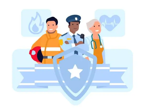 Vector illustration of Rescue team. Emergency service career. Police officer. Paramedic and fireman. Protective shield. Employees group. Men and women in uniform. Labor Day. Life protection. Vector concept