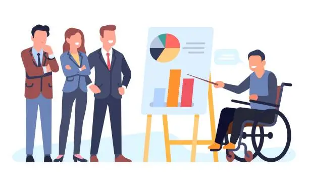 Vector illustration of Guy in wheelchair presents infographic on flipchart. Business presentation. Inclusion in office work. Handicapped person showing with pointer to diagram on whiteboard. Vector concept