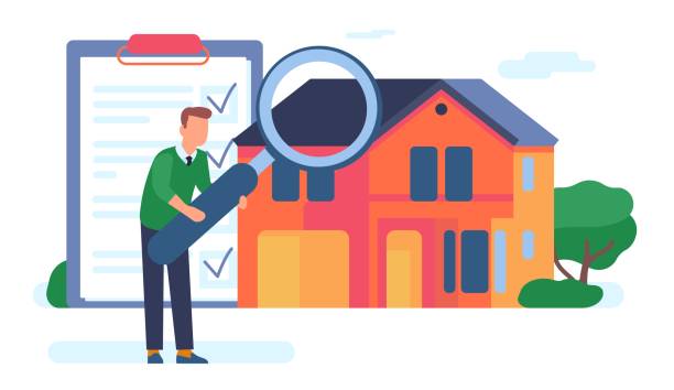 Home audit. House quality inspection. Apartment documentation. Property examine. Real estate assessment. Architecture control. Man with magnifier and paper document. Vector concept vector art illustration
