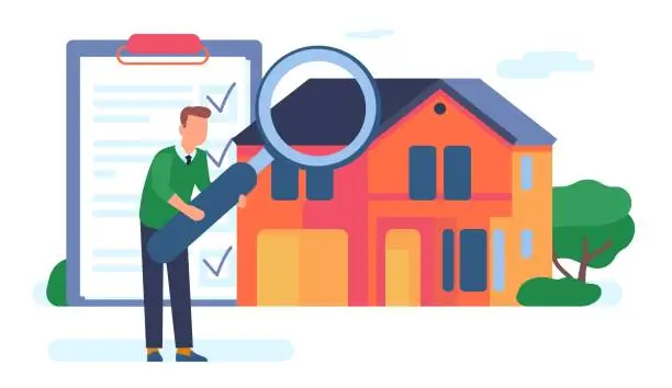 Vector illustration of Home audit. House quality inspection. Apartment documentation. Property examine. Real estate assessment. Architecture control. Man with magnifier and paper document. Vector concept