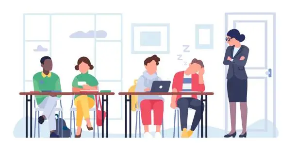 Vector illustration of Professor or teacher looks reproachfully at sleeping student. Pupils sitting at desks. School discipline. College education. University lecture classroom. Distracted person. Vector concept