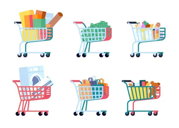 Vector illustration of Shopping cart with groceries. Supermarket pushcarts. Food products. Retail sale. Money banknotes. Purchase boxes and bags. Household appliances. Presents and toys. Vector trolleys set