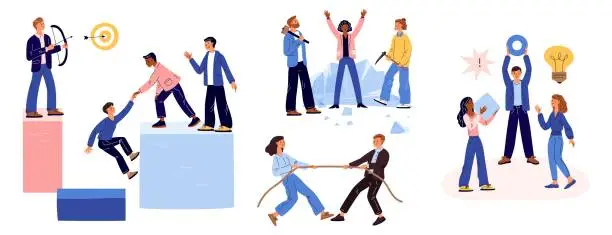 Vector illustration of Team building office games. Icebreaker activity with employees. Tug-of-war and archery. Business playing. People in strict suits perform tasks. Workers collaboration. Garish vector set