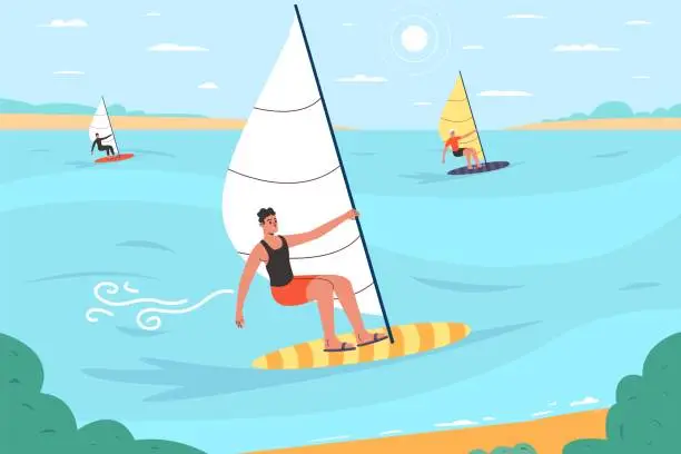 Vector illustration of Water extreme activity. Happy people windsurfing. Cartoon surfer characters at sea. Professional athletes and amateurs. Men or women ride sail boards. Ocean landscape. Vector concept