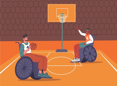 Paralympic athletes game. Disabled basketball players in sport hall. Guys in wheelchairs throw ball into basket. Professional athletic match. Handicapped people. Streetball competition. Vector concept