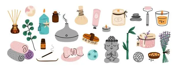 Vector illustration of Spa salon elements. Aromatherapy and massage items. Cozy things and candles. Relax therapy objects. Brush and stones. Meditation essentials. Humidifier and towels. Garish vector set