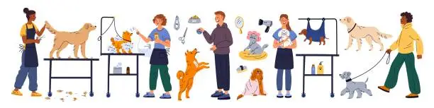 Vector illustration of Pet care services. Grooming salon. People washing puppies fur and making haircut. Animals training. Combing dogs and cats. Professional veterinary work. Claws cut. Garish vector set