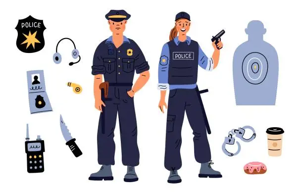 Vector illustration of Cartoon police elements. Patrol man and woman. Different security equipment. Professional policemen in uniform. Male or female officers. Cops with gun and headset. Garish vector set