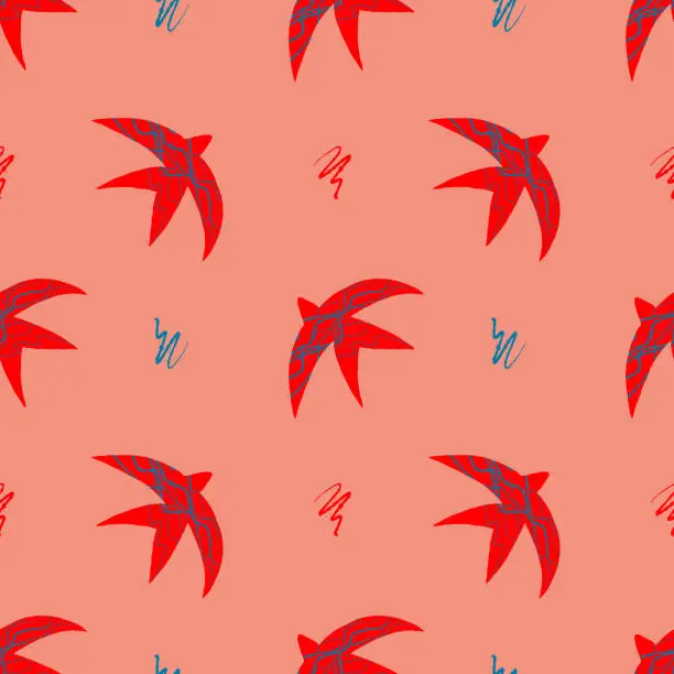 Vector illustration of Vector pattern with abstract red swallows in the Fauvist style on a pink background