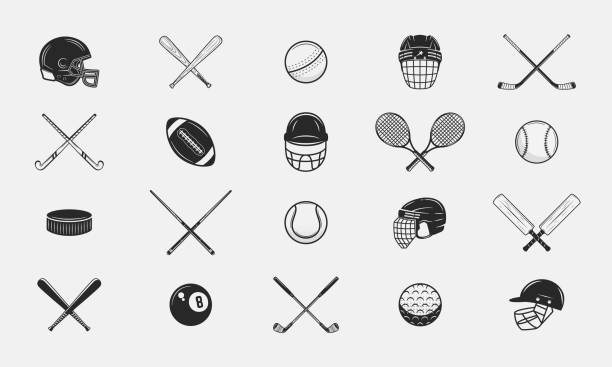 ilustraciones, imágenes clip art, dibujos animados e iconos de stock de set de 20 iconos deportivos. elementos deportivos vintage. hockey sobre hielo, rugby, fútbol americano, béisbol, billar, tenis, cricket, golf. estampado para camiseta. ilustración vectorial - football helmet helmet american football sports helmet