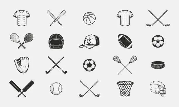 Vector illustration of Set of 20 Sport icons. Vintage sport elements. Soccer, Football, Basketball, Hockey, Tennis, Baseball, Tennis, Cricket, Golf. Print for t-shirt. Vector illustration