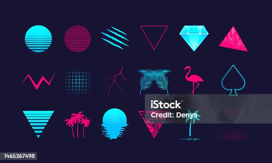 istock Set of 18 Retro 80s design elements. Retro neon symbols. Design elements for t-shirt, banner, poster, cover, badge, logo and label. Print for t-shirt. Vector illustration 1465367498