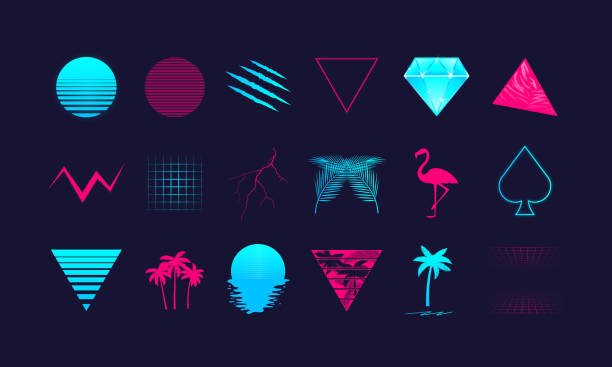 Set of 18 Retro 80s design elements. Retro neon symbols. Design elements for t-shirt, banner, poster, cover, badge, logo and label. Print for t-shirt. Vector illustration Vector illustration flamingo stock illustrations