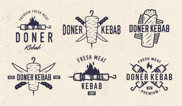 Vector Doner Kebab logo set. 6 Vintage Kebab, Shashlik, Shawarma emblems. Kebab, barbecue, restaurant labels, badges, posters. Shashlik Logo template. Vector illustration shish kebab stock illustrations