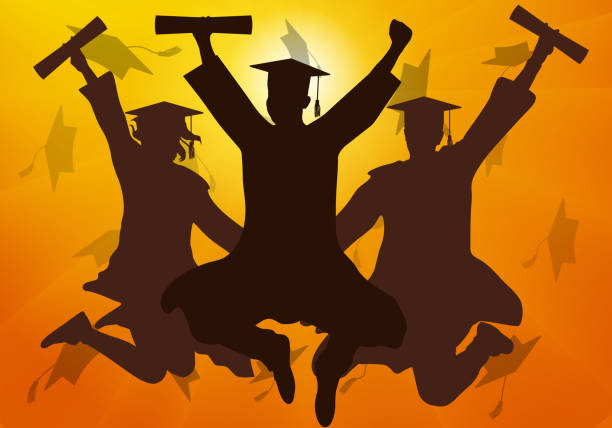 istock Jumping graduate students in mantle and mortarboard with certificate on background of sunset. Graduation. Vector illustration 1465368162