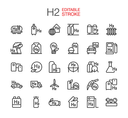 Hydrogen energy line icons set. Editable stroke. Vector illustration.  H2, or hydrogen, is a chemical element that is the most abundant element in the universe. Hydrogen line icons are graphical representations of various aspects related to hydrogen, such as its use as a fuel source, its role in chemical reactions, and its importance in energy. They are commonly used in scientific and educational settings to illustrate the properties and applications of hydrogen, as well as to promote its use as a clean energy source.