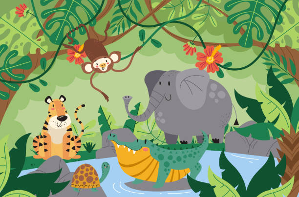 tier dschungel baum zoo wilde natur cartoon konzept. vektorgrafik design illustration - elephant water vector animals in the wild stock-grafiken, -clipart, -cartoons und -symbole
