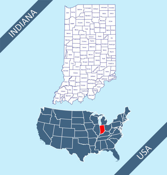 County map of indiana Highly detailed labeled map of Indiana counties state of United States of America for book cover, brochure and web banner designs, iPhone, iPad, tablet, smart phone, mobile app and educational use. evansville indiana stock illustrations