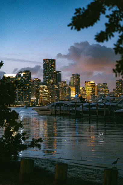 Downtown Miami skyline from Key Biscayne at sunset stock photo