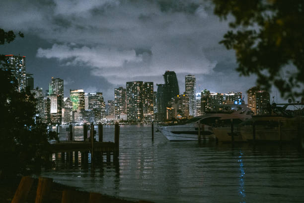 Downtown Miami skyline from Key Biscayne at sunset stock photo