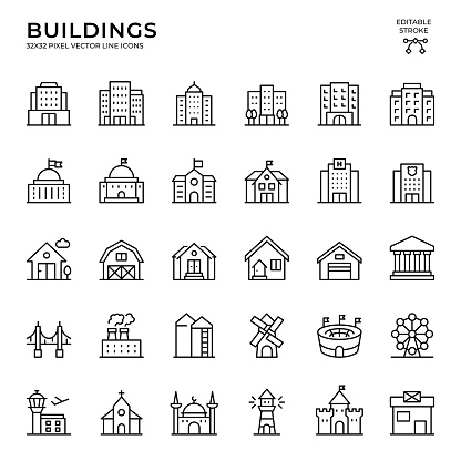 Black color, 32x32, pixel perfect, Editable Stroke. This icon set consists of Buildings, Apartment, Townhouse, Hotel, Hospital, Police Station, Farmhouse, Bank Building, Airport, Church, Mosque, Fortress, Lighthouse, Post Office, Stadium, Factory, Bridge and so on