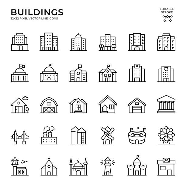 Editable Stroke Vector Icon Set of Buildings Black color, 32x32, pixel perfect, Editable Stroke. This icon set consists of Buildings, Apartment, Townhouse, Hotel, Hospital, Police Station, Farmhouse, Bank Building, Airport, Church, Mosque, Fortress, Lighthouse, Post Office, Stadium, Factory, Bridge and so on building exterior stock illustrations