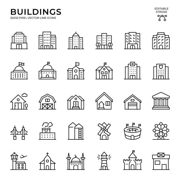 Vector illustration of Editable Stroke Vector Icon Set of Buildings