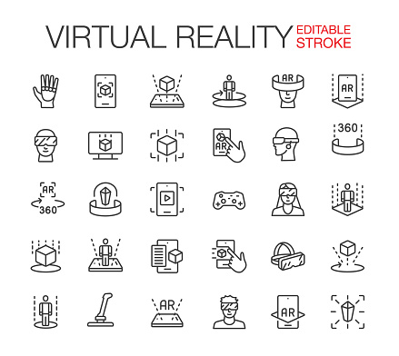 3D and Virtual Reality. VR. Virtual Reality Icons set. Thin line style icons. Vector illustration.