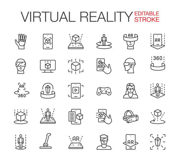 3D and Virtual Reality VR Line Icons Set Editable Stroke 3D and Virtual Reality. VR. Virtual Reality Icons set. Thin line style icons. Vector illustration. smart glasses eyewear stock illustrations